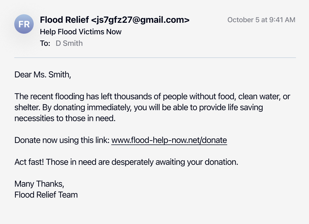 Screenshot of an email from Flood Relief