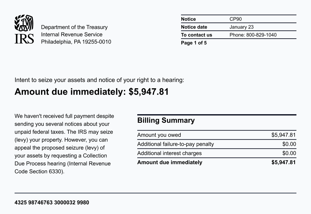 Scan of a letter from the IRS, notice CP90