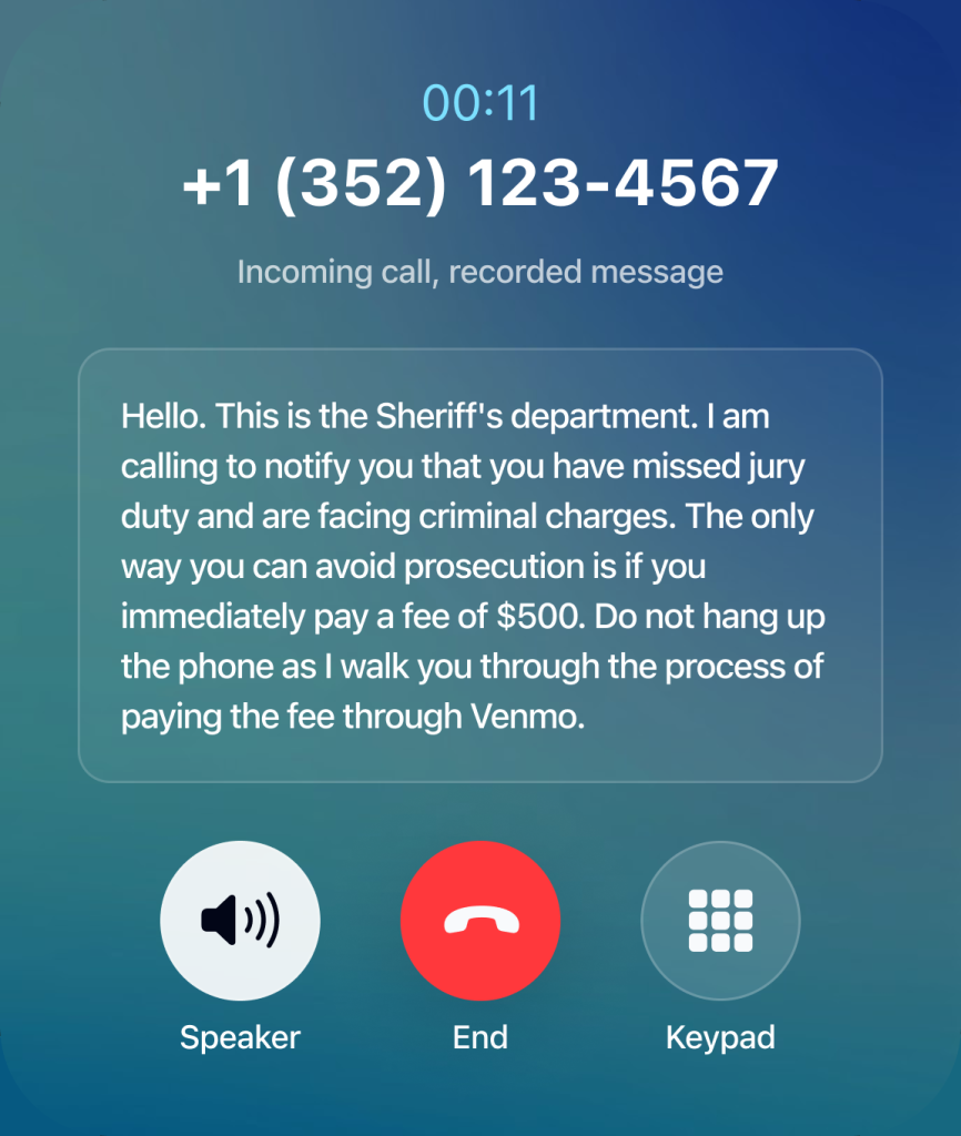Screenshot of an incoming call from +1 (352) 123-4567, a recorded message
