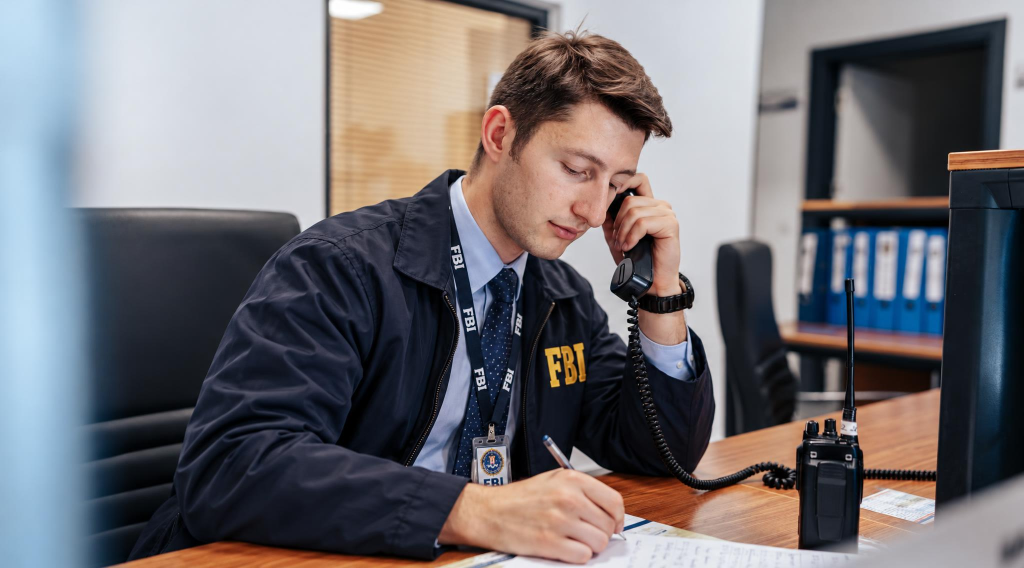 An FBI agent at a desk taking a report over the phone